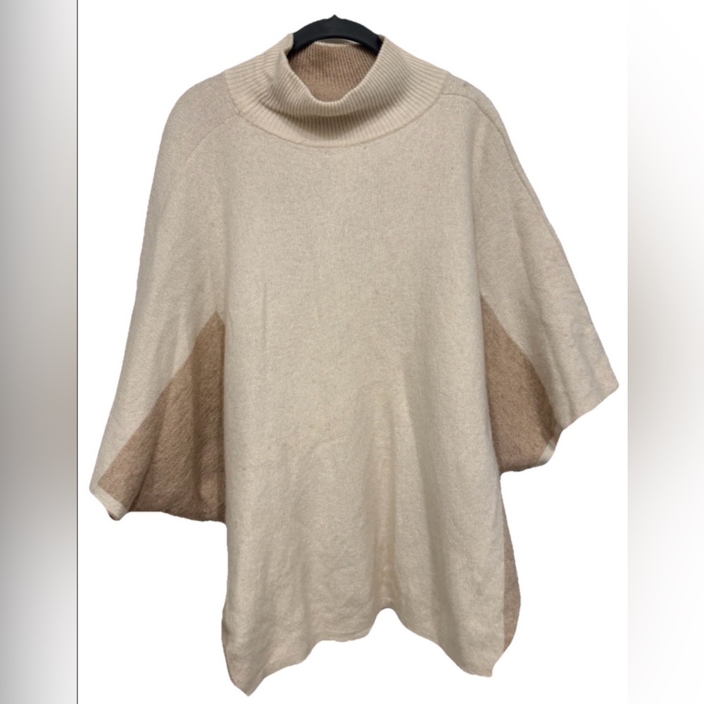 Benedetta B. Wool Cashmere Cream and Tan Turtleneck Poncho Made In Italy OS
